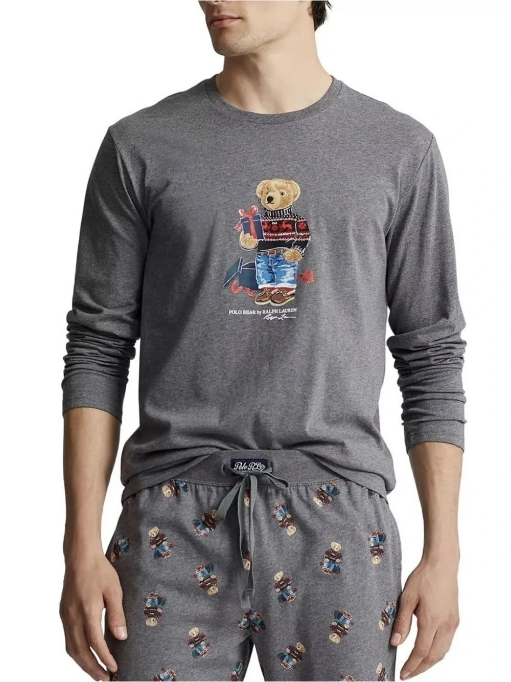 Polo by Ralph Lauren Men's Grey Long-Sleeve Bear Graphic Tee